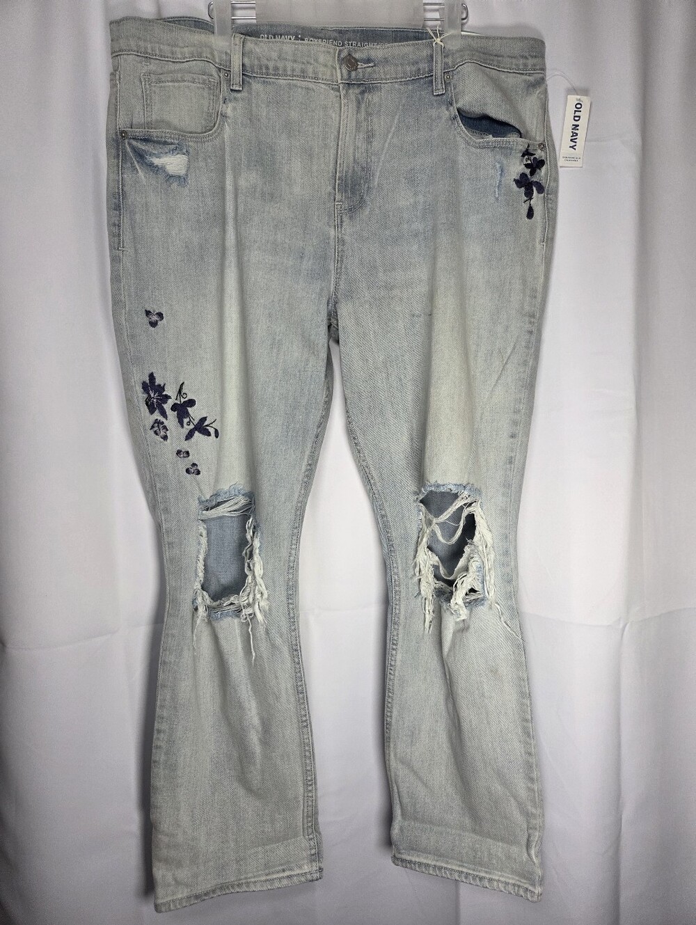 Old Navy NEW Boyfriend Straight Embroidered Distressed Denim Blue Jean Womens 16